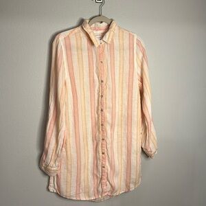 ANTIBES Blanc 100% linen striped button front collared tunic shirt dress, large